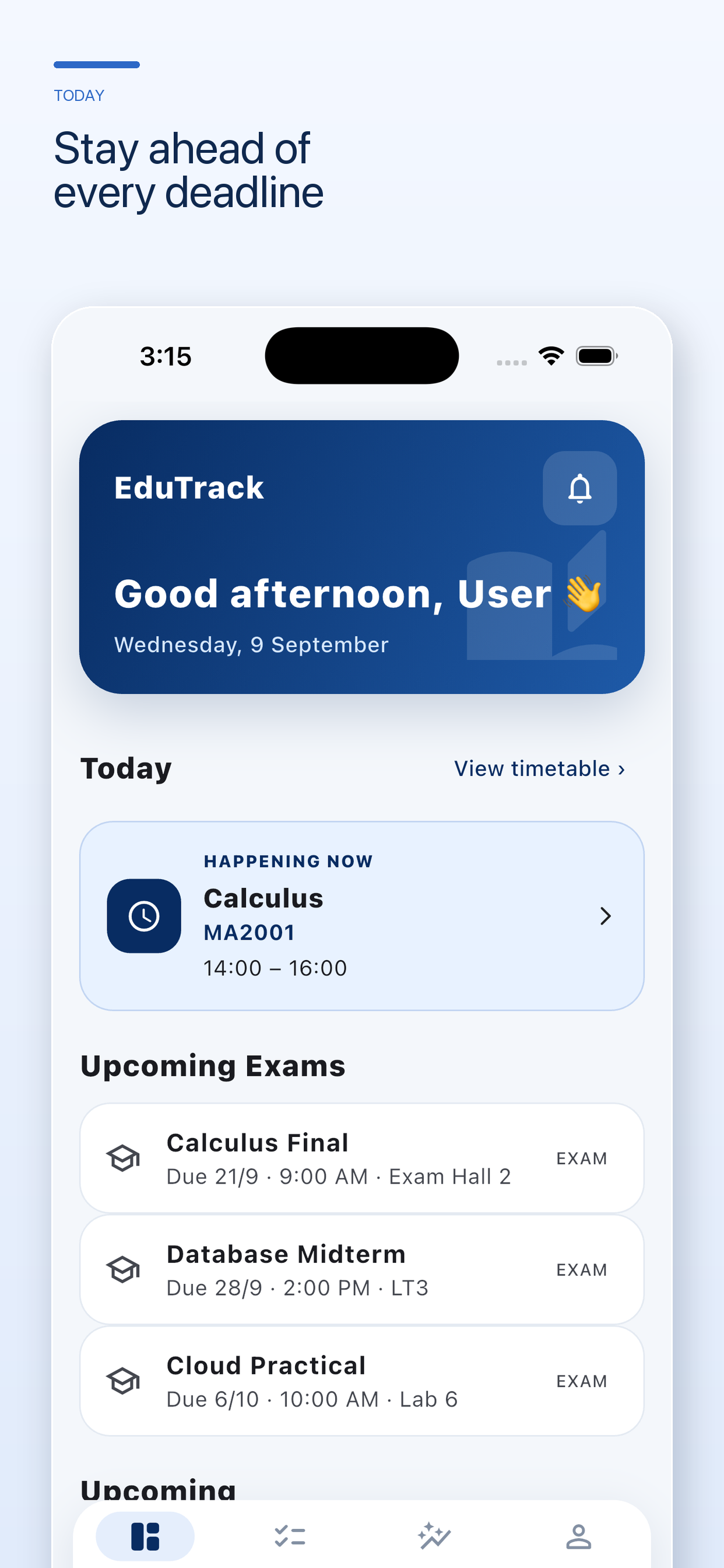 EduTrack Today screen showing the current class and upcoming exams
