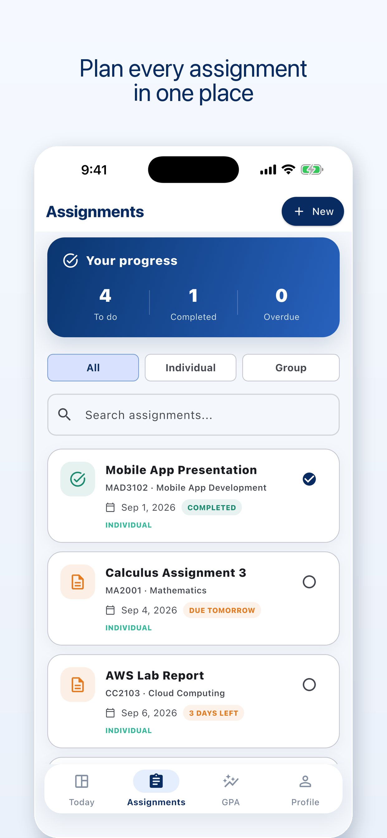 EduTrack assignments screen